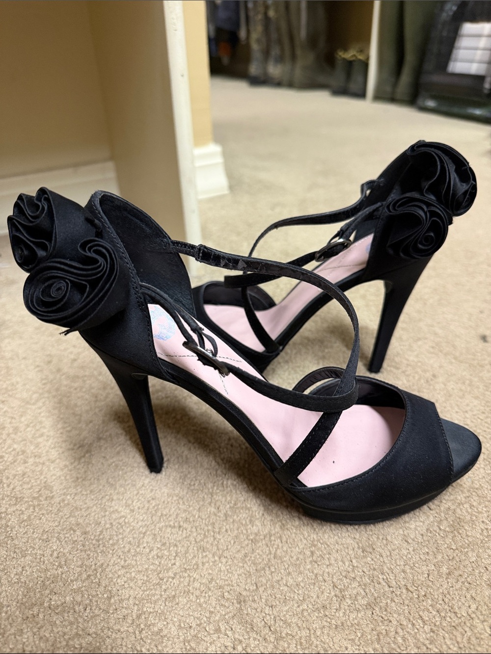 Vince Camuto Black Rose-Embellished Strappy High Heels